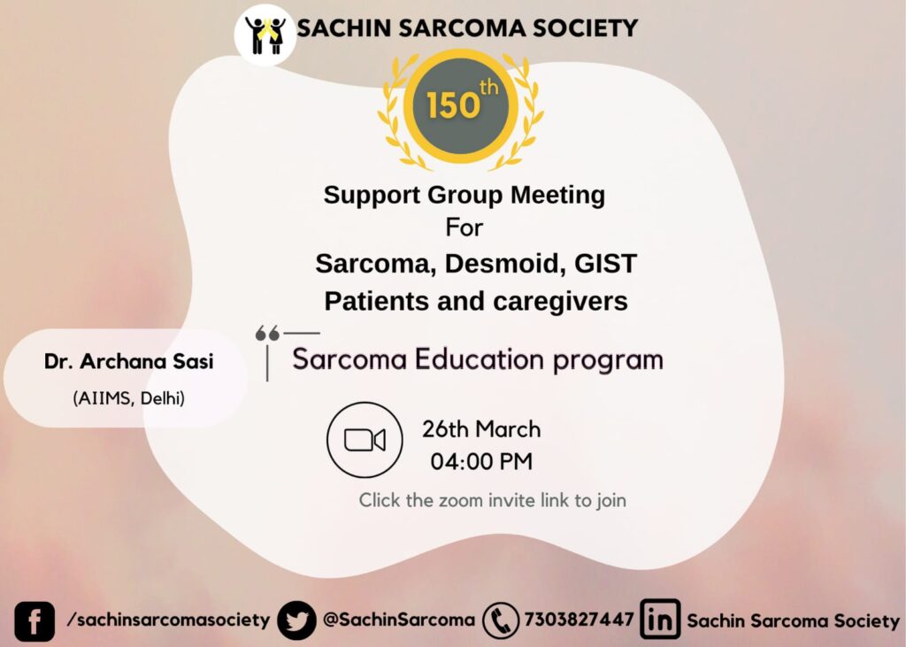 A screenshot from a presentation made during the Sachin Sarcoma Society's weekly Support Group Meeting comemorating the 150th weekly meeting.
