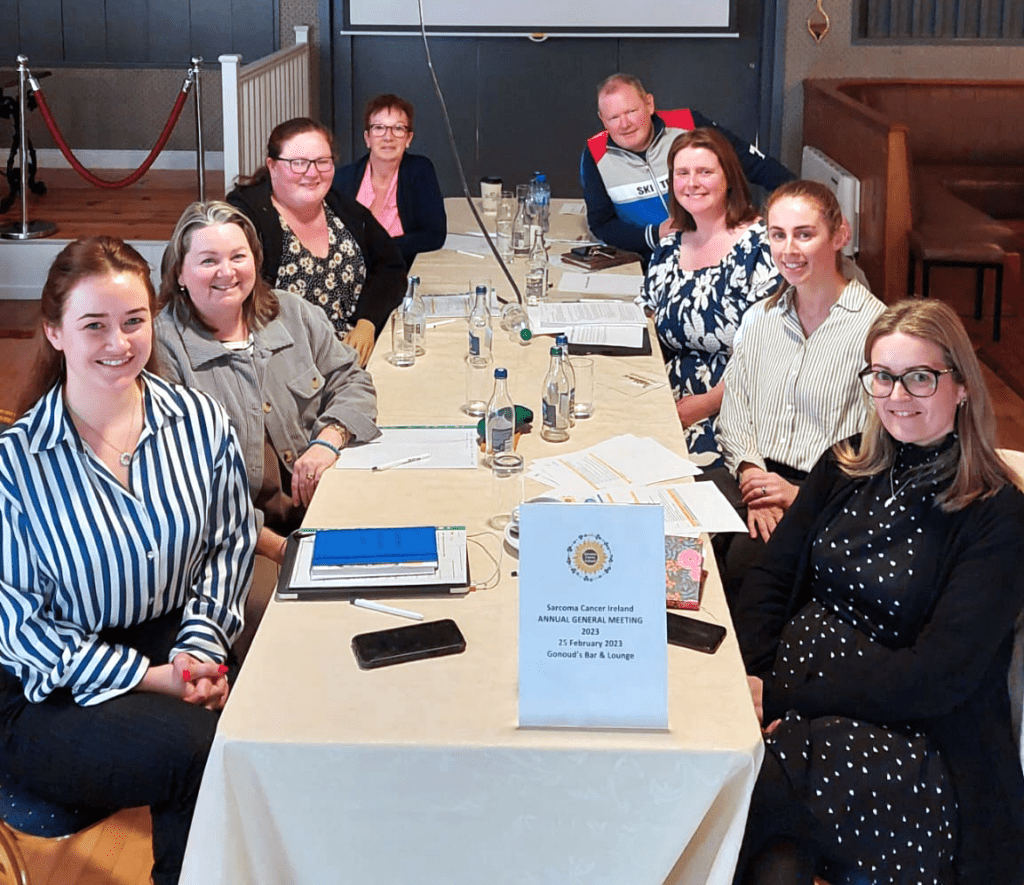 A group of people seated on either side of a long table and looking towards the camera, smiling. Behind them is a projector screen with nothing displayed. At the front of the table is a sign which reads: “Sarcoma Cancer Ireland Annual General Meeting 2023”
