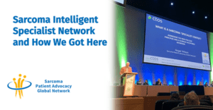 A graphic promoting a blog post by Sarcoma Patient Advocacy Global Network. The caption reads "Sarcoma Intelligent Specialist Network and How We Got Here." Included is a photo of SPAGN's Honorary President Roger Wilson presenting this paper at CTOS 2023 in Dublin.