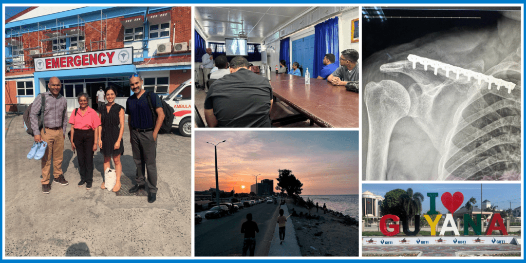 Collage of five photos. From left to right, top to bottom: 1) The team of consultants outside the hospital of Georgetown. 2) Dr Gupta gives a lecture to surgeons in Georgetown hospital. 3) An X-ray after tumor removal from the collarbone and fixation, 4) children playing on a road that runs along the coastline as the sun sets in front of them, and 5) A large colorful sign spelling out “I love Guyana” with a heart on display in Georgetown.