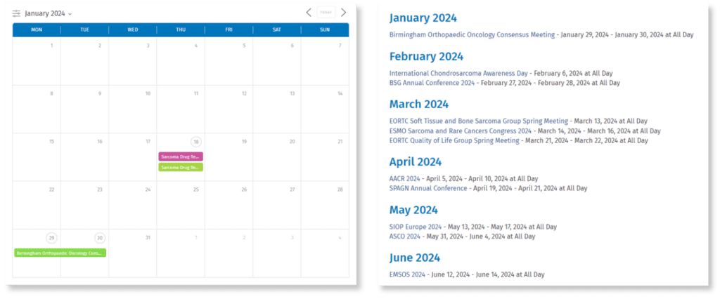 ALT TEXT: A compilation of two screenshots showing the calendar display and event list of the SPAGN events calendar. 