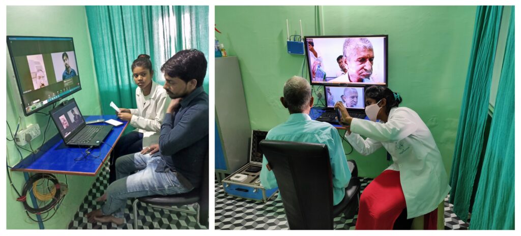 A collage of two photos showing patients in a rural clinic in Northern India receiving telehealth consultations and exams with the aid of Zoom.