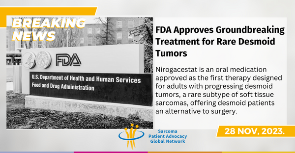 A graphic featuring a black and white photo of the FDA Headquarters in Washington D.C. and a headline describing the approval of Niro, a new treatment for desmoid tumors. The image is dated Nov 28, 2023. At the bottom is the logo for SPAGN.