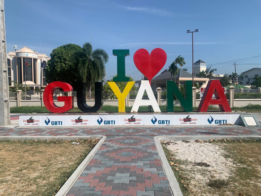 A photo of a large "I heart Guyana" sculpture in Georgetown.